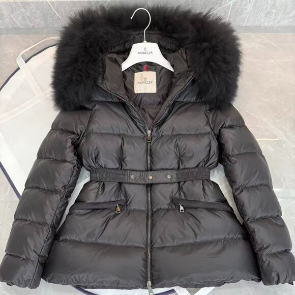 Moncler Black Down Coat - Plush Fur Hood, Waist Belt, Stylish Winter Outerwear - Picture 1 of 8